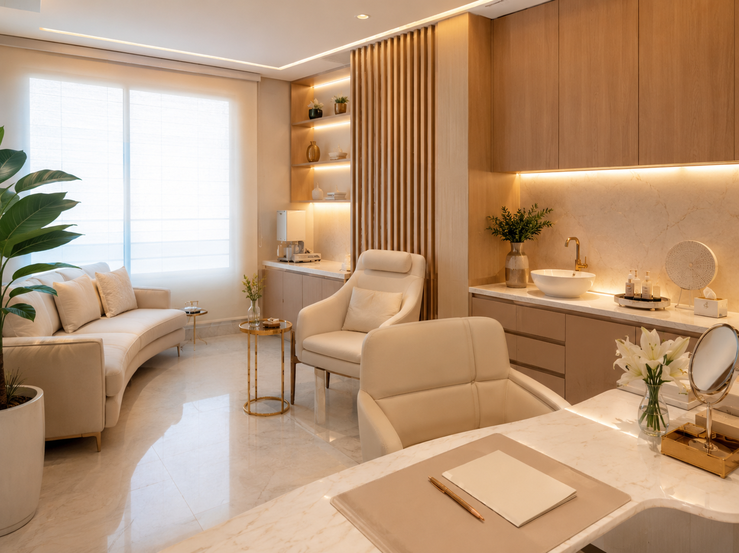 Consultório dermatológico com bancada, poltronas e iluminação acolhedora